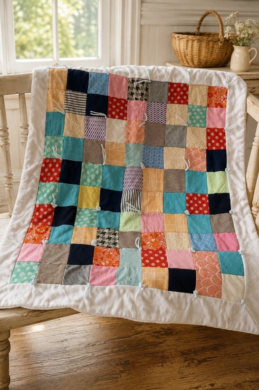 Vintage Handmade Patchwork Tied Quilt Multi Color Scrap Throw Blanket